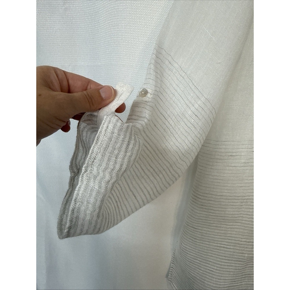 Eileen Fisher Linen Henley Blouse Top 3/4 Rolled Slv White Sheer Lightweight Art - Picture 6 of 14